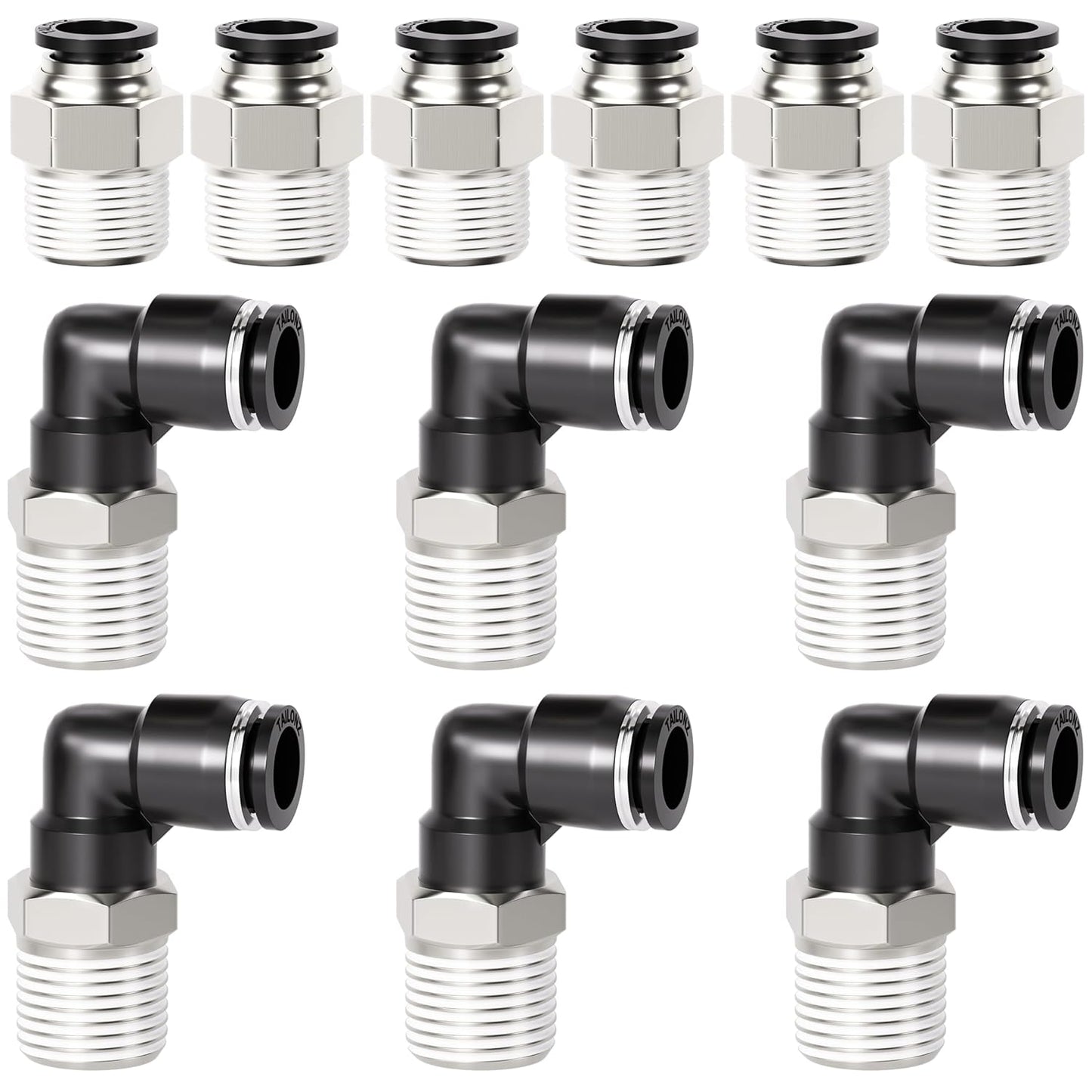 TAILONZ PNEUMATIC Elbow and Straight Combination 1/2 Inch Tube OD x 3/8 Inch NPT Thread Push to Connect Fittings PC-1/2-N3+PL-1/2-N3(Pack of 12)
