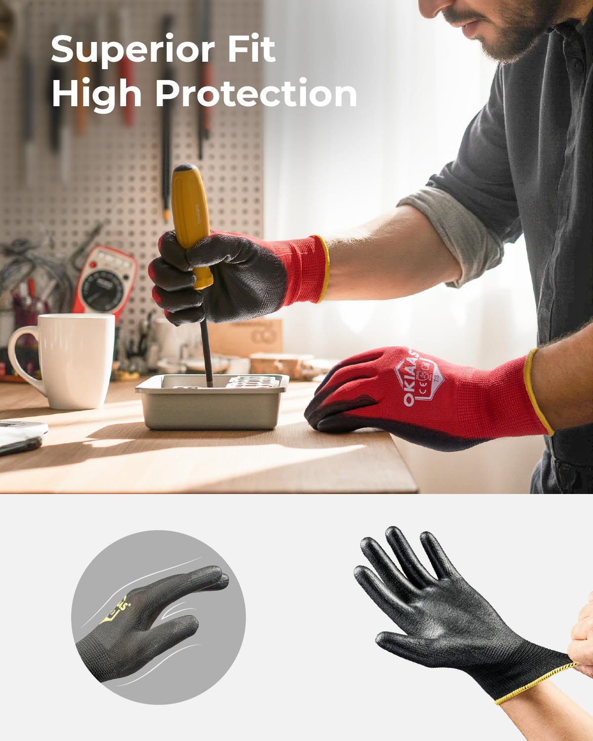 OKIAAS Work Gloves for Men，Ultra Thin and Lightweight Working Gloves with Grip, 12 Pairs Bulk Pack Construction Gloves with Polyurethane Coating for Light Duty Work (Black, X-Large)