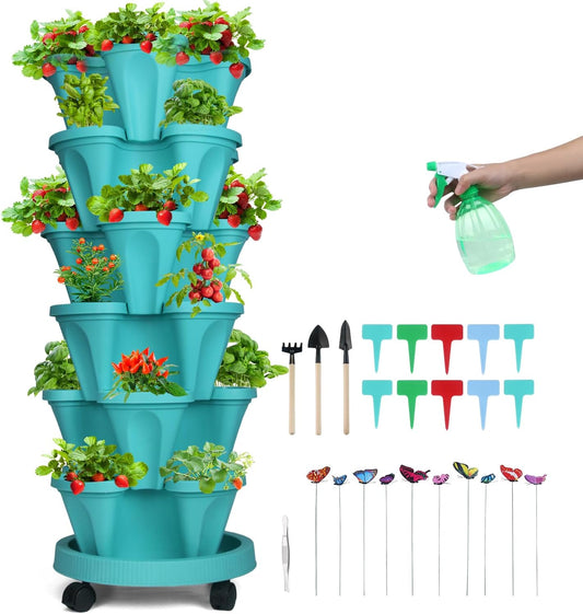Vertical Planter, 6 Tier Stackable Strawberry Planter with Garden Tool Set, Movable Indoor/Outdoor Garden Herb Pot for Growing Vegetables and Succulents, Teal