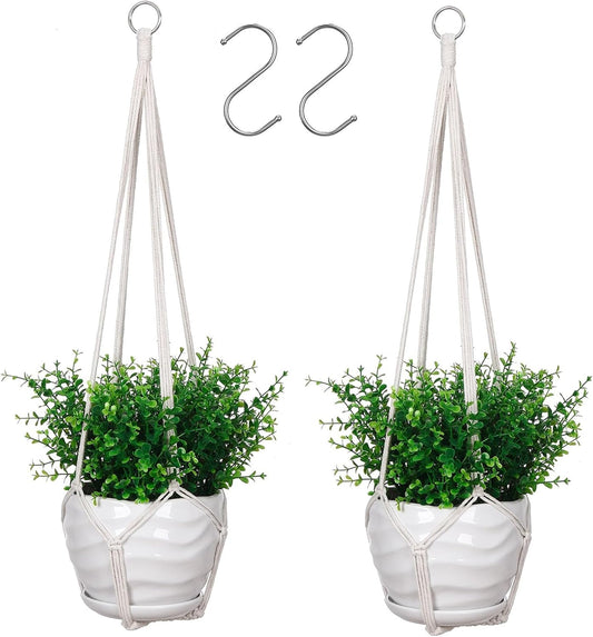 YIBOT 2 Pack 35" Macrame Plant Hanger Indoor Hanging Planter for Plants Holder with 2 Hooks,No Tassels for Indoor Outdoor Boho Home Decor, Ivory (POTS NOT Included)