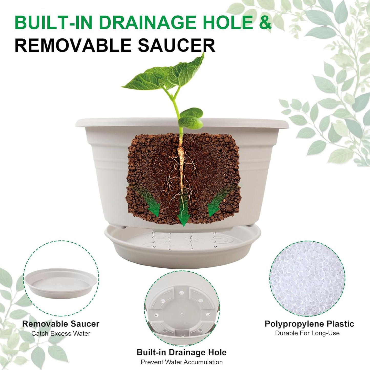 Large 4 Pack 13 inch Plant Pots, Round Plastic Pots for Plants, Outdoor Planters with Drainage Hole & Tray Saucer, Decoration Large Flower Pots for Indoor Outdoor Garden Home Plants (Beige)