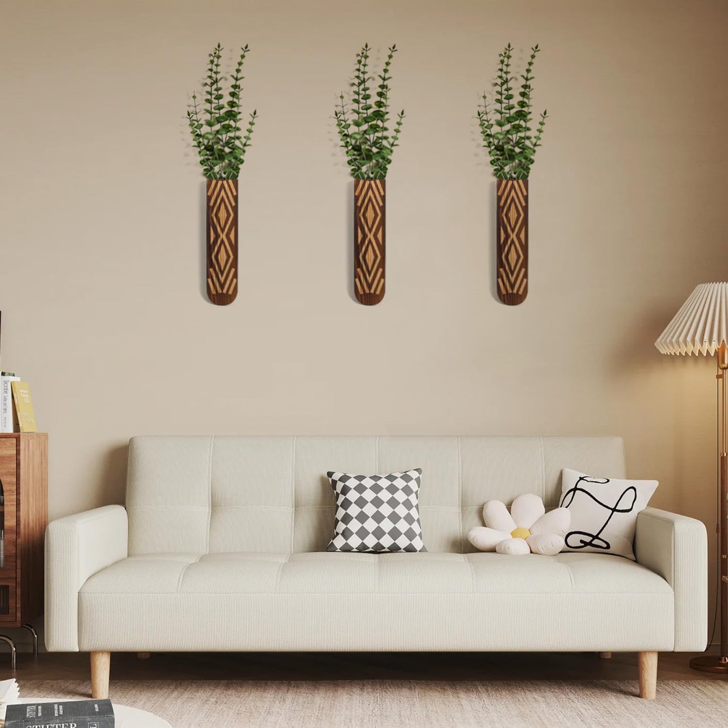 Wooden Wall Planter Set of 3 - Modern Bohemian Home Decor for Living Room, Bedroom, Bathroom - Versatile Walnut Finish Planter for Dried Flowers, Faux Greenery, and Indoor Plants