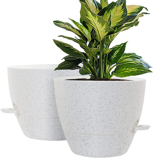 WOUSIWER 10 inch Self Watering Planters, 2 Pack Large Plastic Plant Pots with Deep Reservior and High Drainage Holes for Indoor Outdoor Plants and Flowers, Speckled White