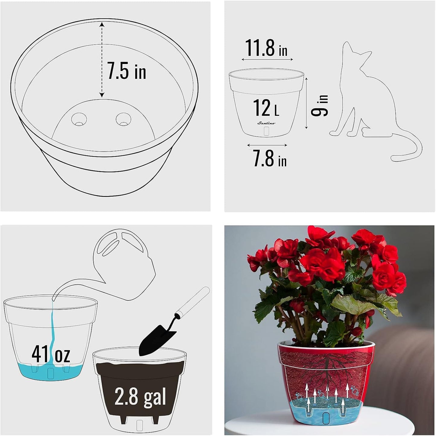 Santino ASTI 11.8 Inch Self Watering Planters Shade/White (Set of 3) for Indoor Plants - Premium Quality Modern Plastic Pot w/Water Level Indicator for All House Plants, African Violets and Dahlias