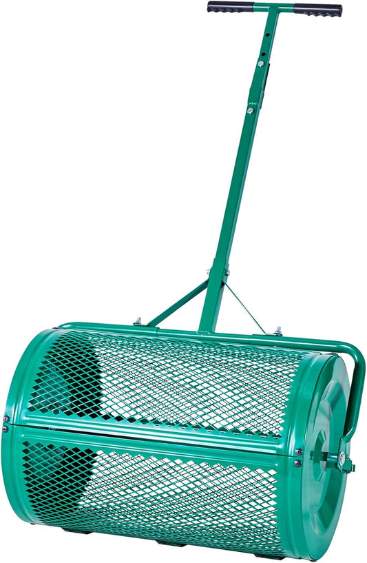 VEVOR Compost Spreader, 24 in Wide Peat Moss Spreader with Push/Tow Handle, 4 Heights Adjustable, Powder-Coated Steel Garden Peat Moss Roller, Heavy Duty Grass Seed Spreaders for Planting Seeding