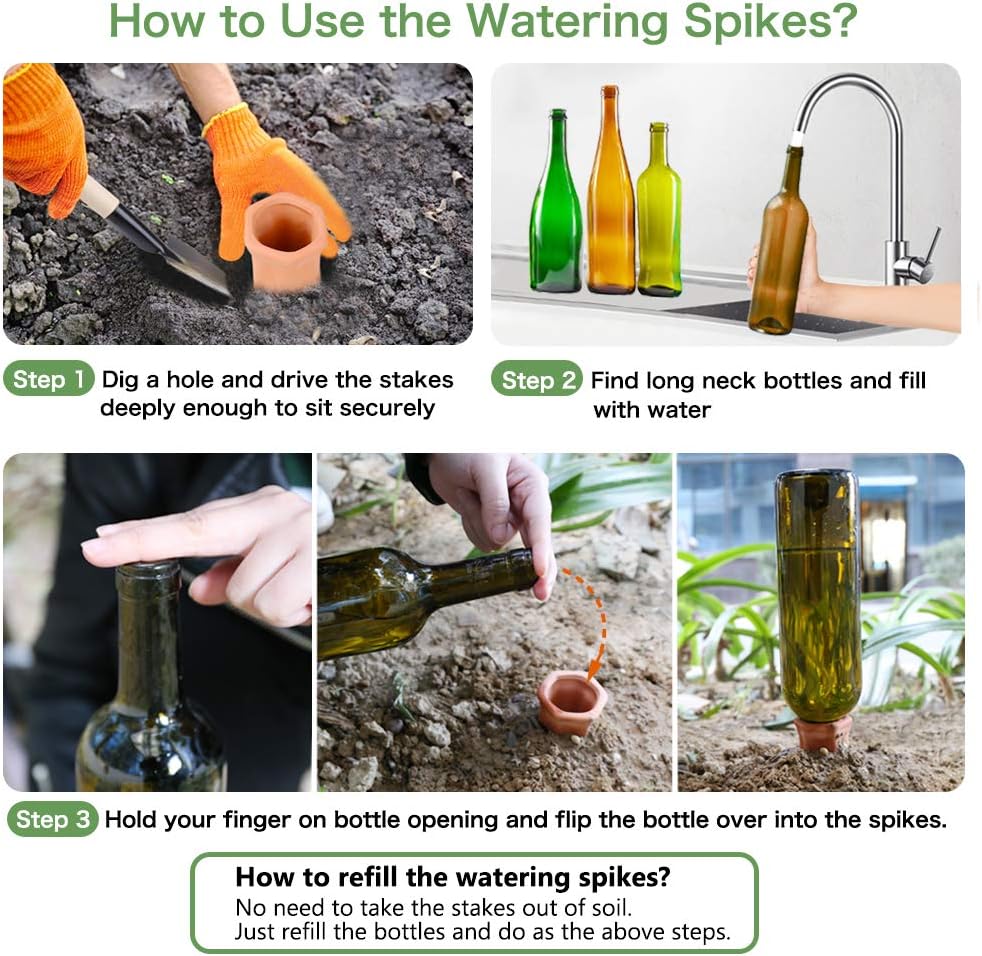 REMIAWY Plant Watering Stakes 6 Pack Automatic Plant Waterers for Vacations, Terracotta Self Watering Spikes for Wine Bottles Indoor & Outdoor Plants