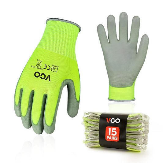 Vgo... 15-Pairs Safety Work Gloves, Gardening Gloves, Polyurethane Coated, Dipping Gloves, Latex Free (Size XL, Yellow, PU2103)