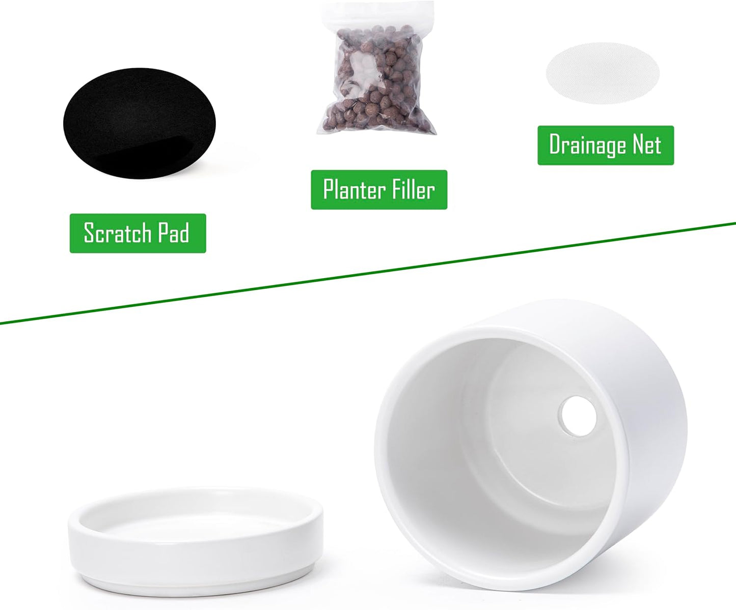 D'vine Dev Set of 4 Small Ceramic Plant Pots, 3.5 Inch Succulent Planter Pot for Plants with Drainage Hole and Saucer, White, 94-X-A-1