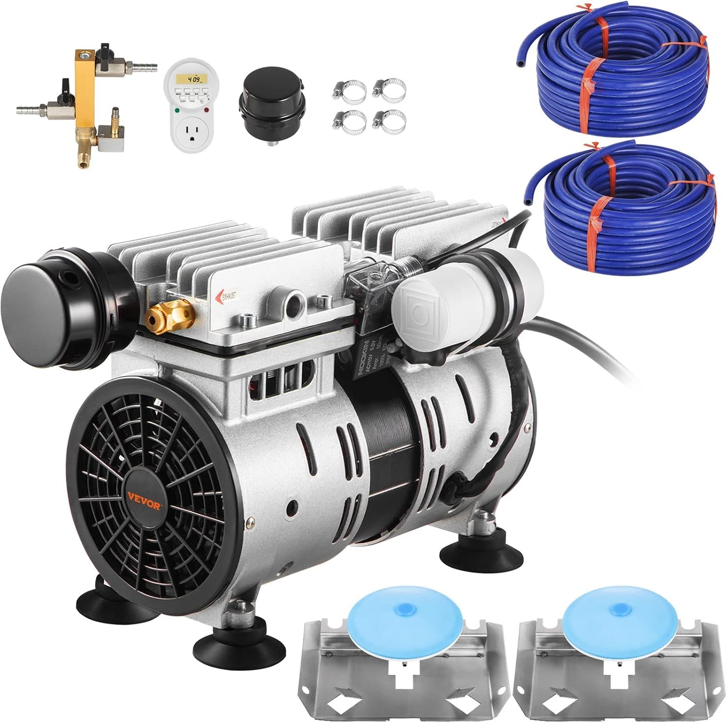 VEVOR Pond Aerator, 550W Power, 5.2CFM for Up to 3 Acre 50' Lake, Includes 3/4 HP Compressor & 2 100' Weighted Tubings & 2 Diffusers, Air Compressor for Deep Water Oxygen Circulation