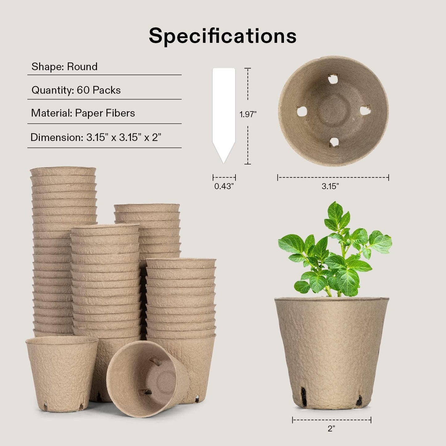 VIVOSUN Peat Pots, 60 Packs 3.15-Inch Seed Starting Pots with Drainage Holes, Round Nursery Pot, 20 Plant Labels for Flowers, Plants, Vegetables, 60Pcs