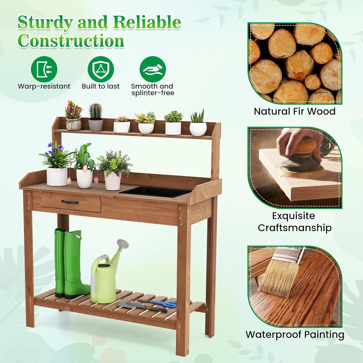 HAPPYGRILL Potting Bench Table, Wooden Work Bench with Removable Sink, Wood Garden Table with Storage Shelves, Drawer, Potting Benches for Outside, Patio Lawn Greenhouse