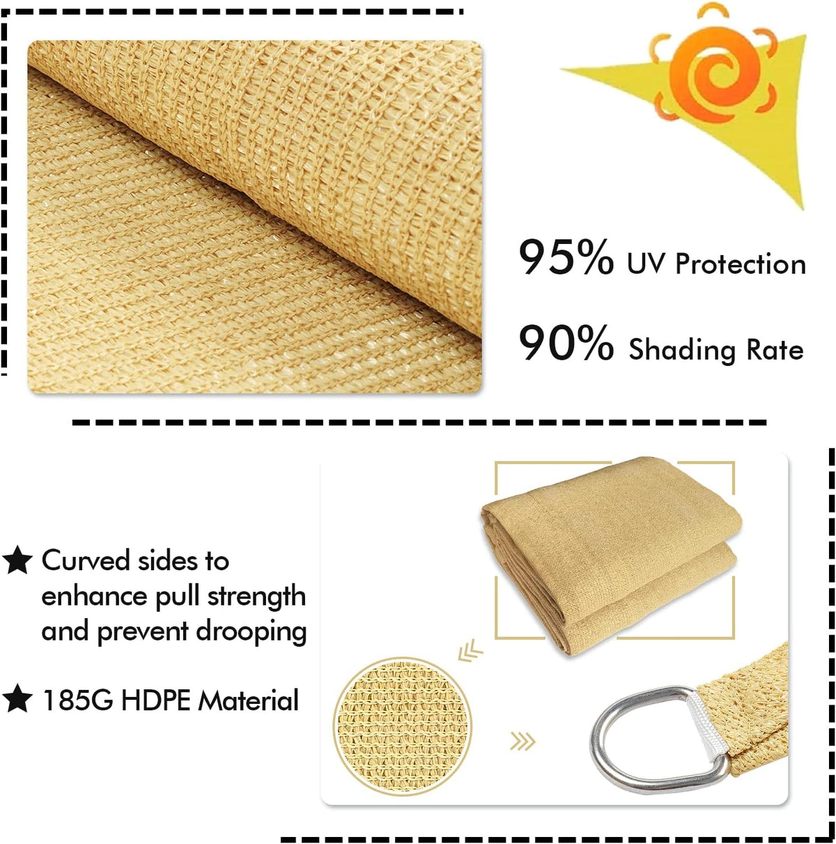 KANAGAWA 6'X7' Sand Custom Size Sun Shade Sail Rectangle UV Block Canopy Cover for Patio Backyard Lawn Garden Outdoor (Customized Available)