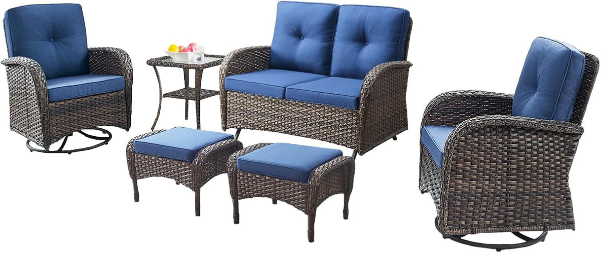 6 Piece Patio Conversation Sets - Wicker Patio Furniture Sets with Outdoor Swivel Rocker Chairs, Glider Loveseat Perfect for Patio Deck Backyard, Brown Wicker Blue Cushion