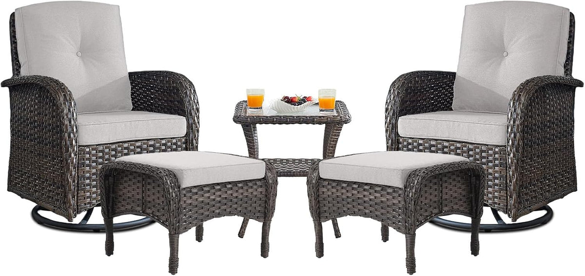 Small Conversation Sets Patio Funiture - 5 Piece Outdoor Swivel Rocker Wicker Furniture Sets with Ottomans Side Table Perfect for Patio Deck Backyard, Brown Wicker Beige Cushion