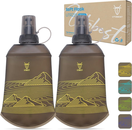 UTOBEST 200ml Soft Flask, 2 Pack Flexible TPU Hydration Water Bottle, Collapsible with 28mm Caliber for Running, Hiking, Cycling, Climbing, and Marathon Yellow