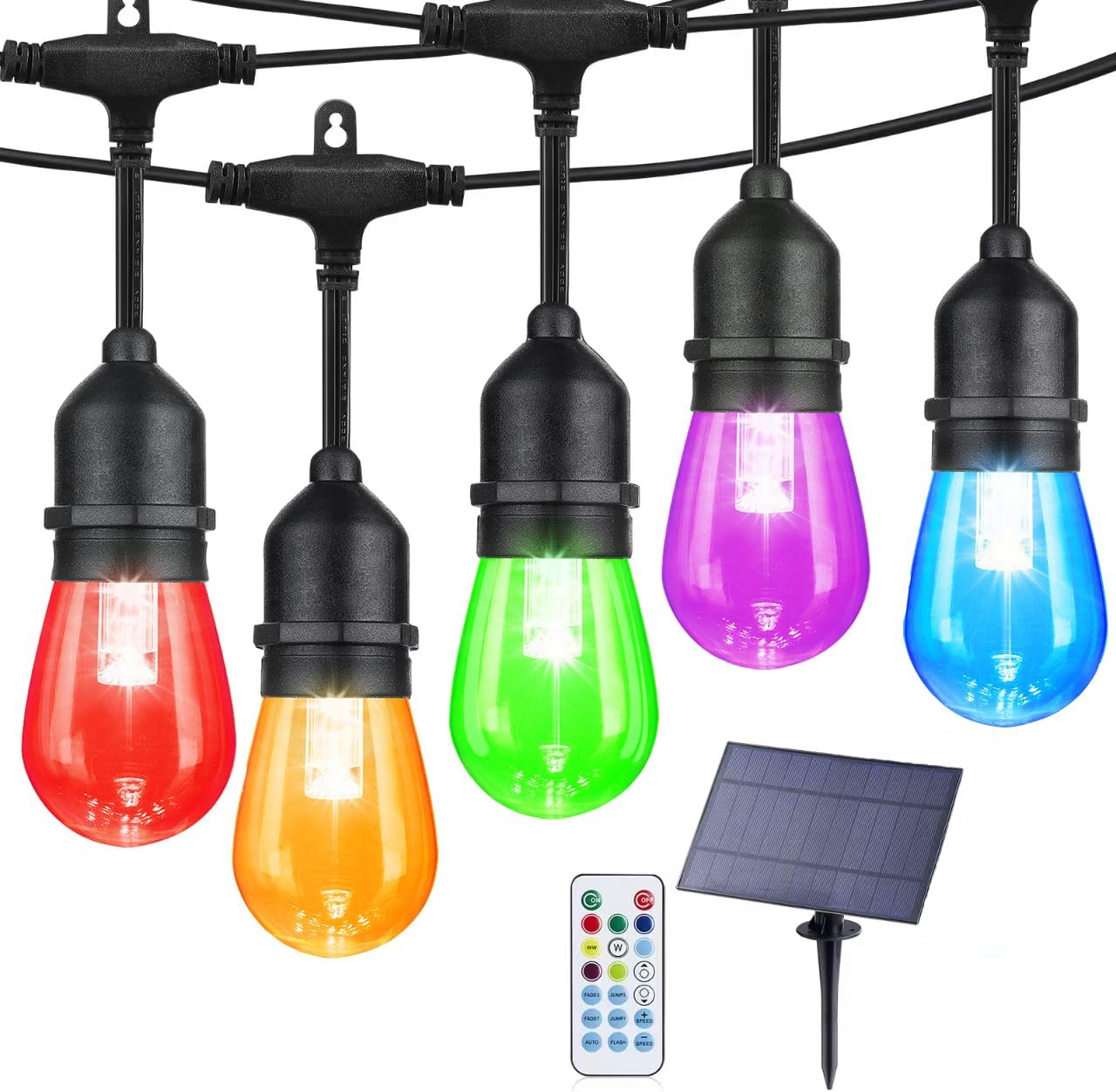 Auroraworld Outdoor String Lights RGB Solar, 48FT Dimmable Patio String Lights for Patio