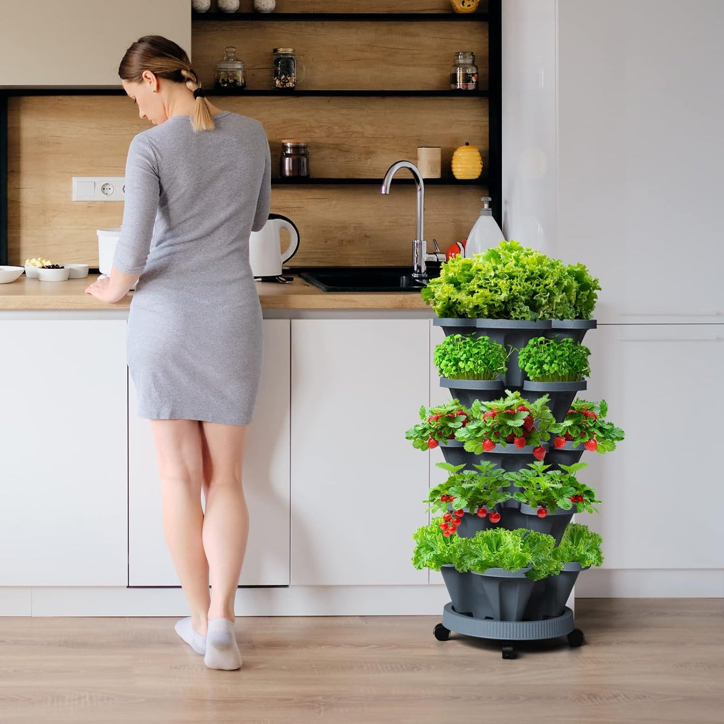 Strawberry Vertical Planters Tower Garden, 6 Tiered Stacking Planter with Support Pole, Stackable Herb Vegetable Planters Indoor and Outdoor - Dark Grey