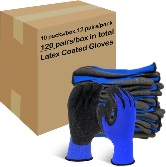 Evridwear Crinkle Latex Rubber Hand Coated Safety Work Gloves for Men Women General Multi Use Construction Warehouse Gardening Assembly Landscaping (M-Size) Blue 120 Pairs Pack