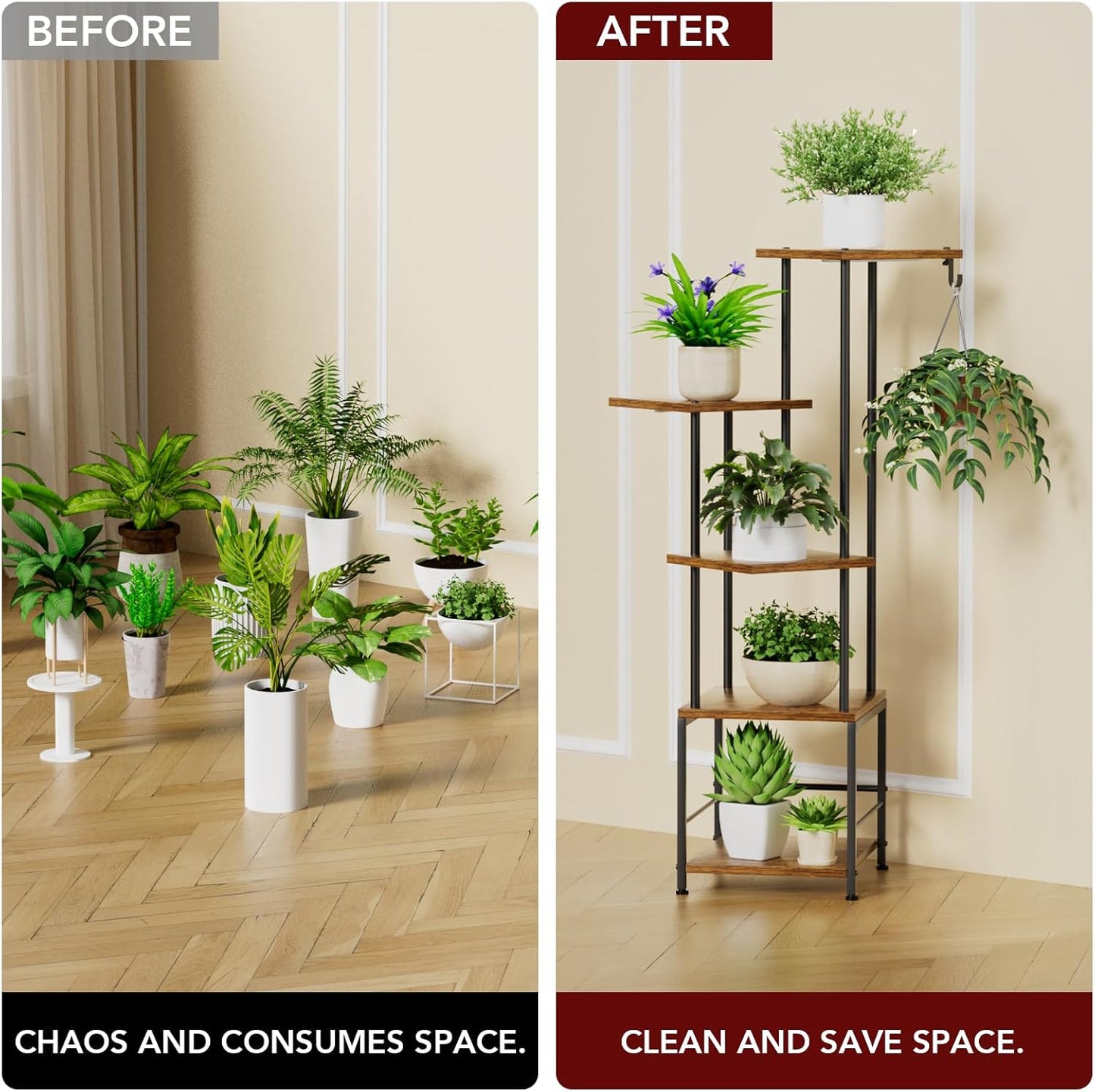 Plant Stand Indoor with Grow Light, 5-Tiered Tall Plant Stand Indoor, Metal Plant Shelf with Hanging Basket Hook and Adjustable Light, Ideal for Living Room, Garden, Patio (Black Brown)