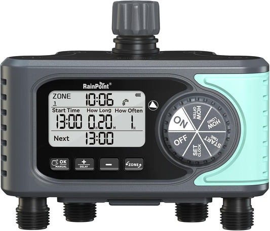 RAINPOINT Sprinkler Timer, 4 Outlets Hose Timers, 4 Zone Water Timer for Watering with Rain Delay/Manual/Automatic Timed Irrigation Controller System for Lawn