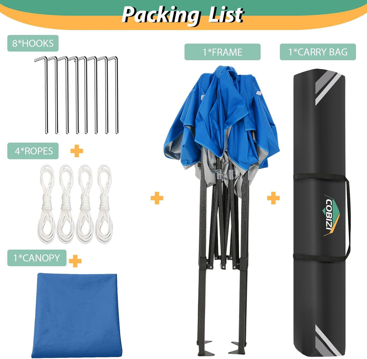 COBIZI 6.6x6.6ft Pop Up Canopy Tent, Heavy Duty Canopy Easy Set up All Weather Waterproof Outdoor Canopy Tent for Parties, Beach, Garden, Camping with 1 Handbag, 3 Adjustable Heights, UPF50+, Blue