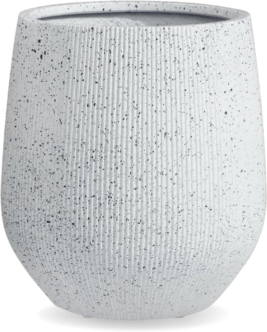 12.5" H x 11.5" D Ribbed Corso Fiberstone Round Planter with Drainage Hole, Weather Resistant, Indoor and Outdoor Use, Included 2 Extra Coco Mats (Ribbed Speckled White, 9" Pot Opening)