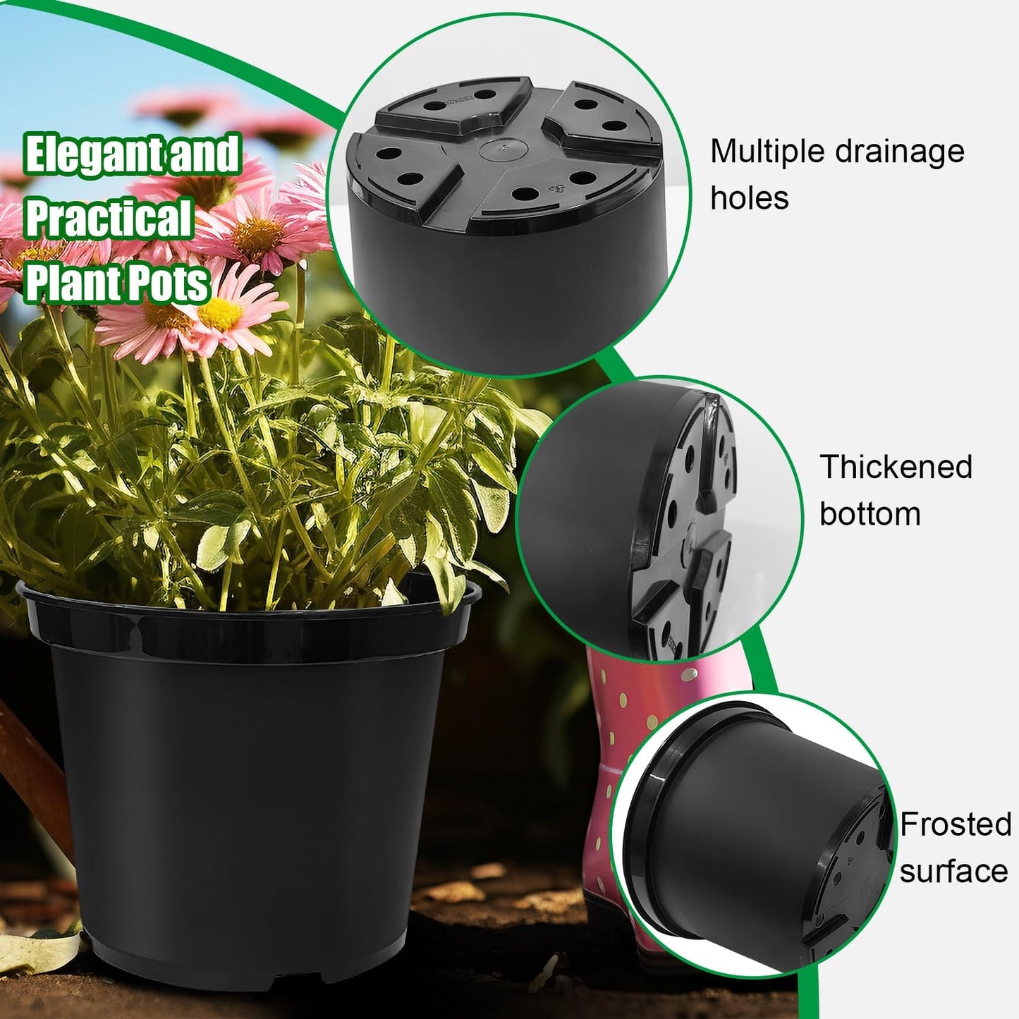 5 Gallon 12 Inch Plastic Nursery Pots, Plant Containers with Drainage Holes, Round Sturdy Garden Planters for Indoor/Outdoor Greenery, Gardening Gifts for Women (5-Pack, Black)