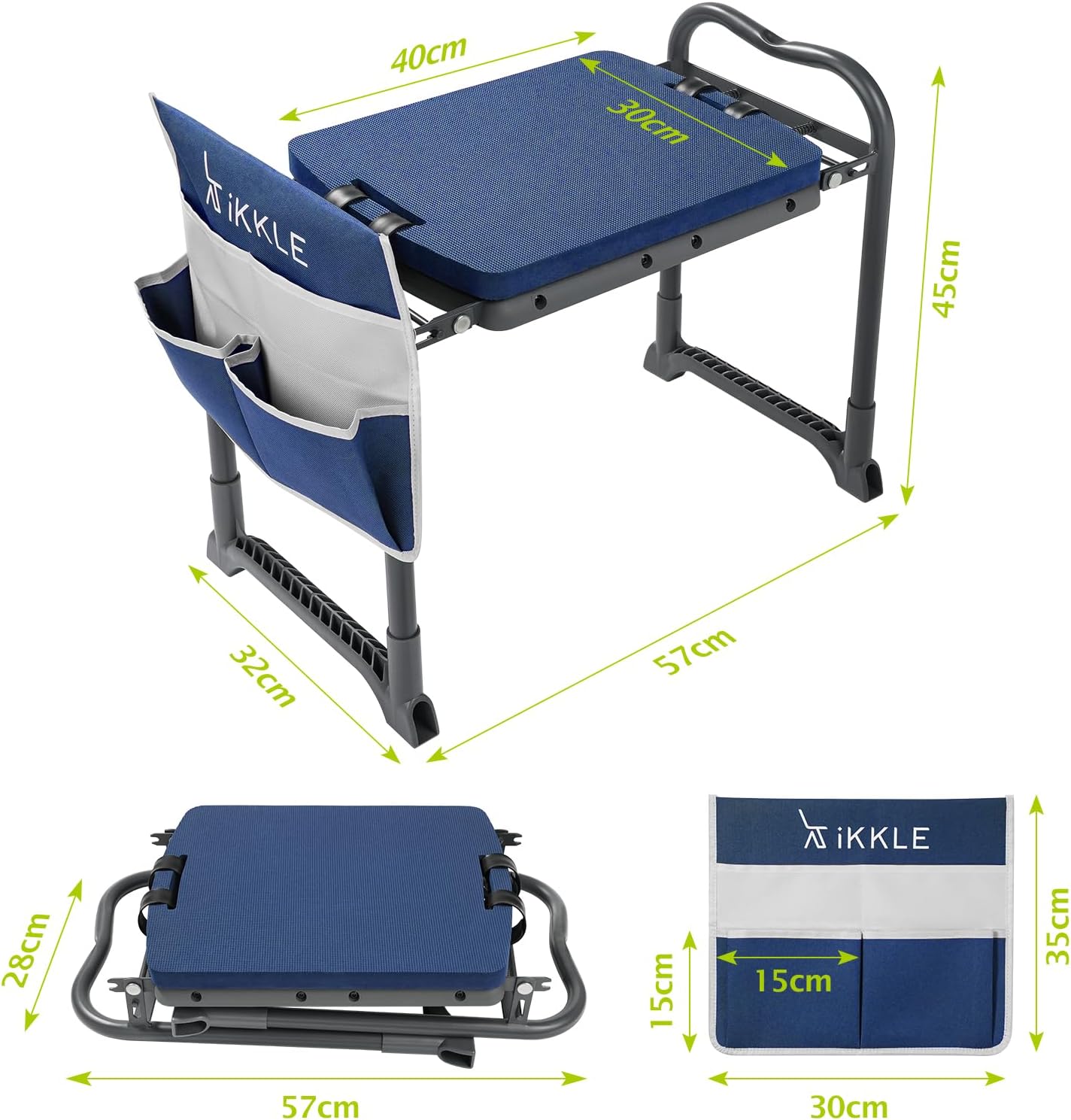 ikkle Garden Kneeler and Seat Gardening Stool Kneeler Folding Gardening Bench with Thicker Detachable Kneeling Pad and Tool Store Pouches (Blue)