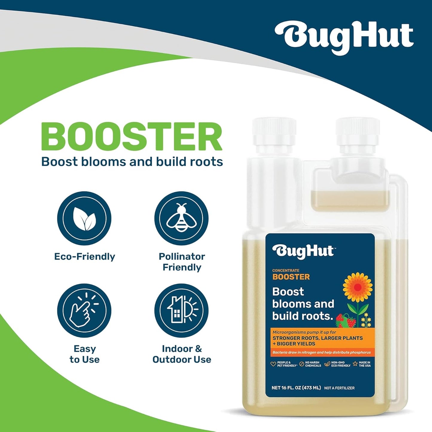 Booster Liquid Plant Food - Formula for Strong Roots, Vibrant Blooms, and Healthy Growth - Ideal for Indoor & Outdoor Gardening - People, Pets & Pollinator Friendly - 16 fl oz, Makes 63 Gallons