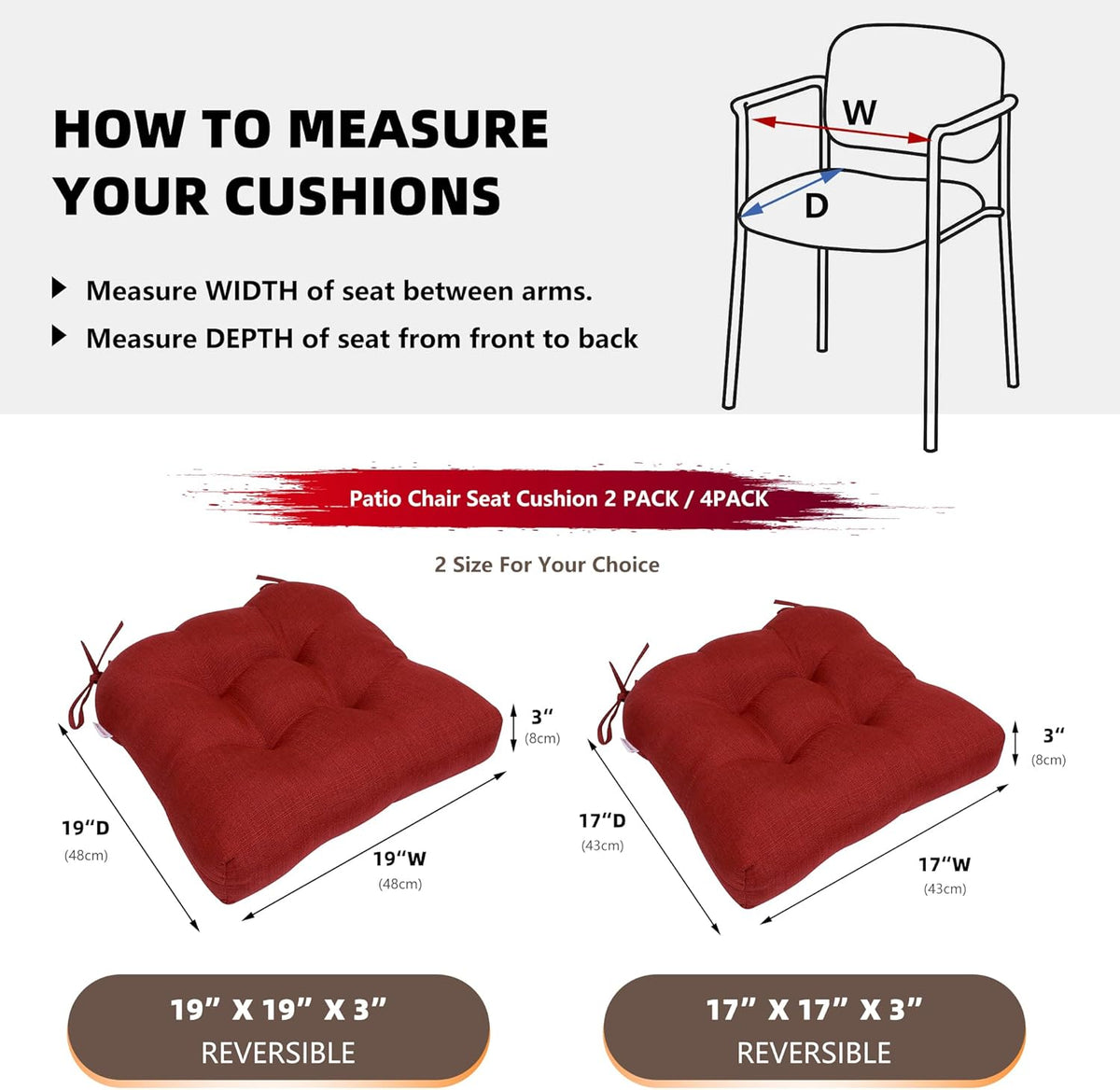 RACE LEAF Patio Chair Cushions 19x19 4 Pack, Thickened Outdoor Seat Cushions Water Resistant Stain Resistant Non-Slip Ties (Red)