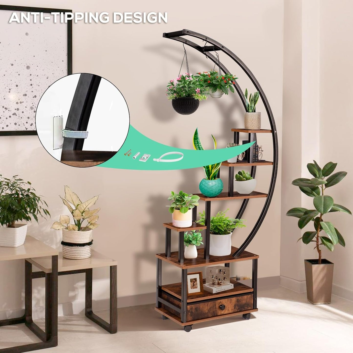 7-Tier Half Moon Indoor Plant Stand with Lockable Wheels, 71” Tall Plant Shelf with Drawer & Accessories, Plant Holder Display Rack for Multi-plants, Plant Rack for Patio Balcony Living Room (Half Moon)