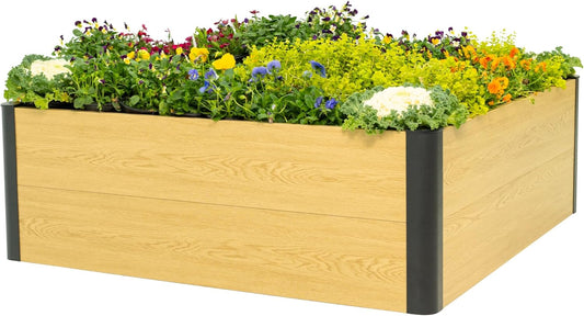 Woodgrain Series Raised Garden Bed, 4' x 4' Outdoor Wooden-Look Metal Planter Box for Gardening Vegetables Flowers Herbs
