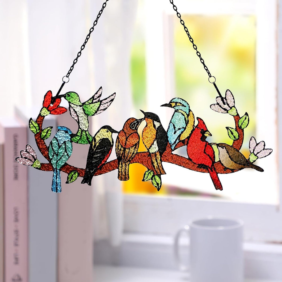 Huray Rayho Birds On Branch Stained Glass Suncatcher Cardinal Hummingbird Kingfisher Double Side Glass Panel Window Hanging Decor Bird Ornament Bird Lover Gift for Mom Grandma