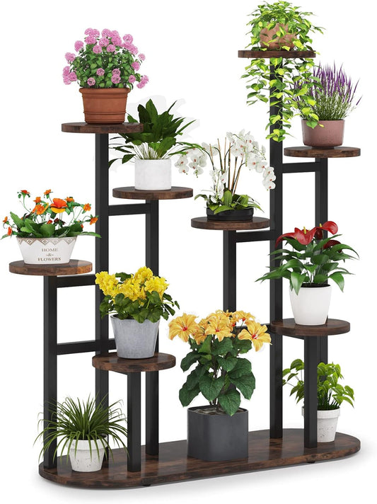 LITTLE TREE Multi-Tiered 11 Potted Plant Stand Indoor Tall Plant Shelf Flower Stands Plant Rack for Garden Balcony Living Room, Rustic Brown