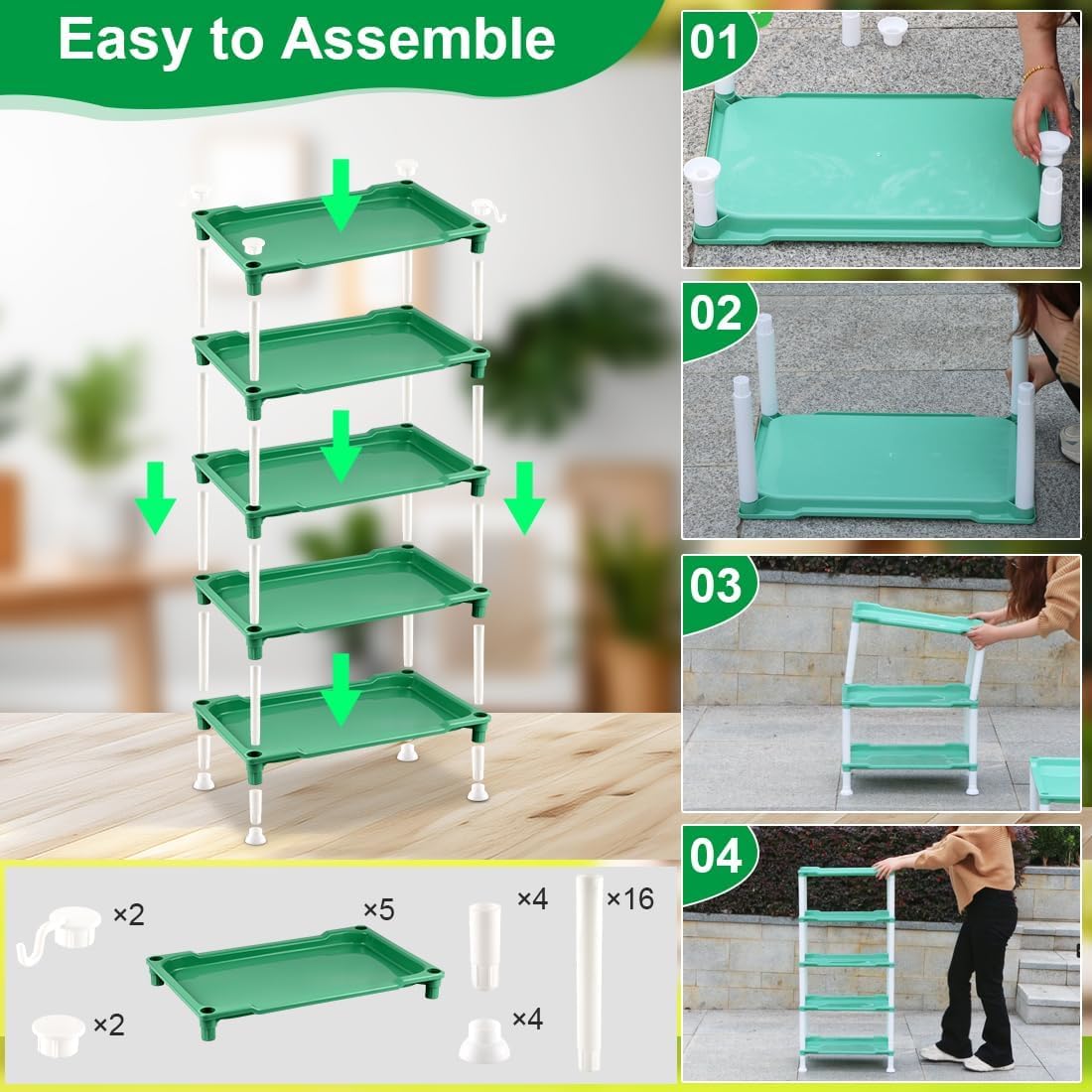 5-Tier Seed Stand with 5 Trays, Seed Starting Rack Propagation Rack Kit for Stackable Seedling Tray Seedling Staging Table for Indoor Outdoor Growing(Green)