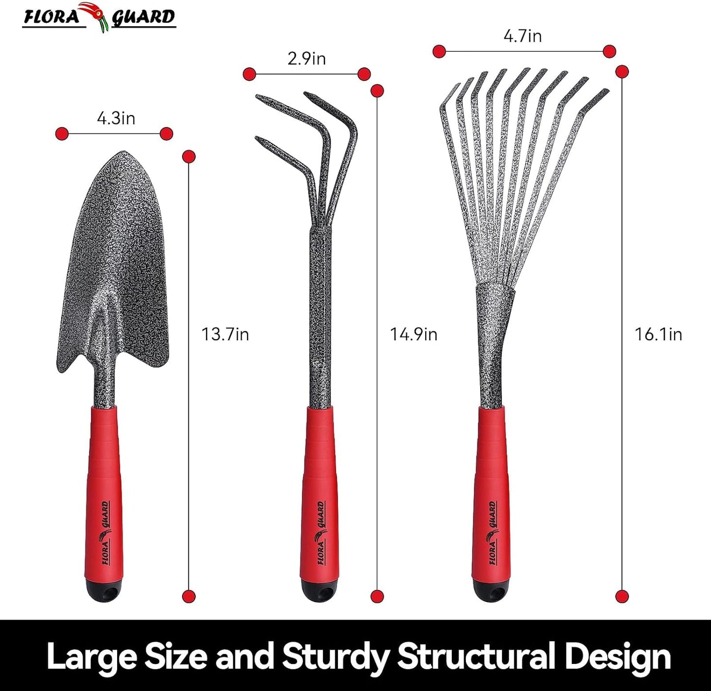 FLORA GUARD Garden Tool Set， 6 Piece Heavy Duty, Large Size Gardening Hand Tools, Sturdy & Durable, Classic Utility Gardening Gift for Men and Women