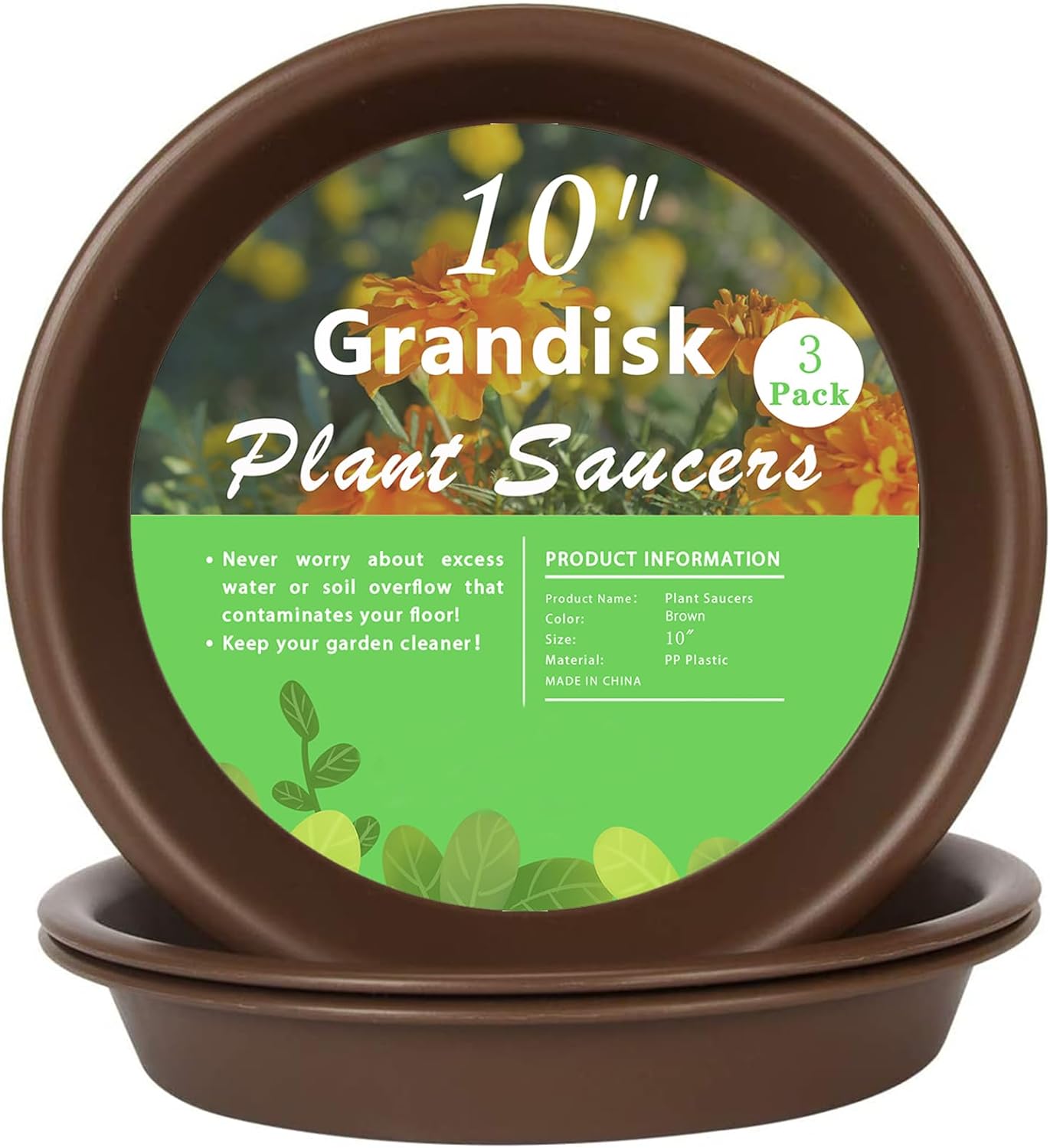 Plant Saucer 10 inch, Heavy Large Planter Durable Thicker Plastic Plant Trays for Indoors and Outdoor, Plant Saucer Drip Trays,Brown(10" - 3 Pack)