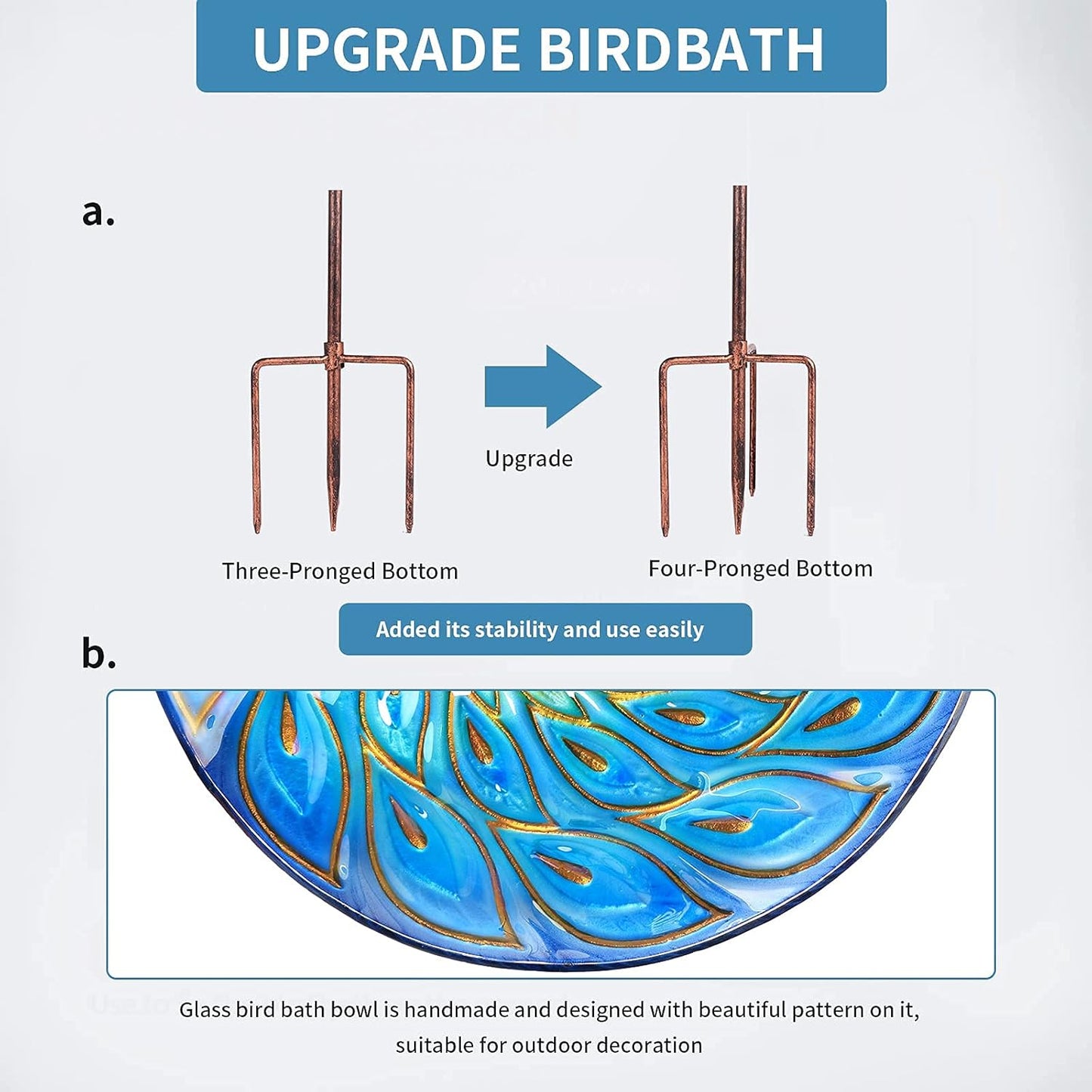 MUMTOP Glass Bird Bath, Garden Outdoor Birdbaths Birdfeeder with Metal Stake Peacock