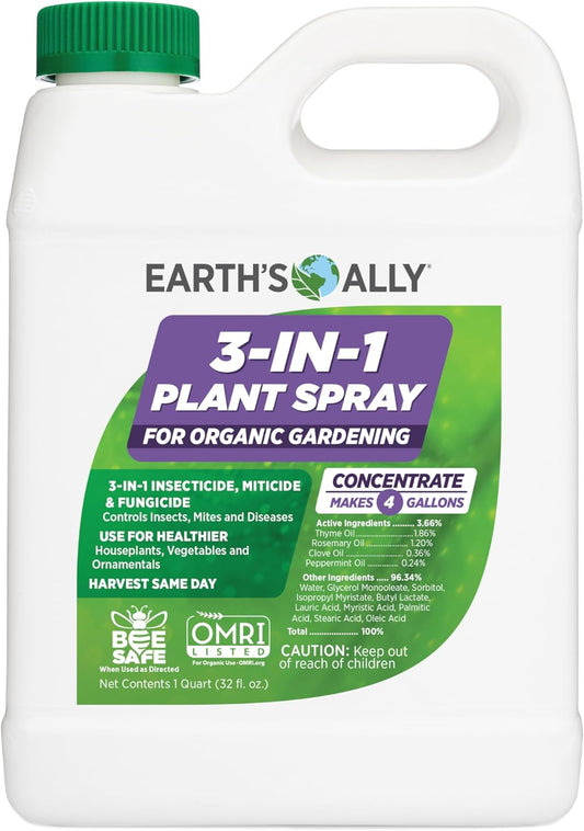 Earth's Ally 3-in-1 Plant Spray 32 oz Conc. Makes 4 gal | Insecticide, Fungicide & Spider Mite Control for Organic Gardening