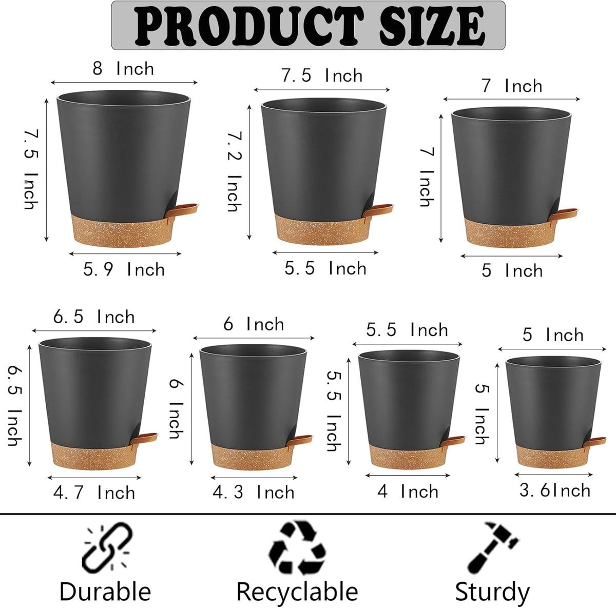 Self Watering Pots 7Pack Planting Pots for All Indoor Plants, Flower Planting Pots with Drainage Hole and Reservoir Black Plastic Succulent Planter Modern Decorations/Gift Idea