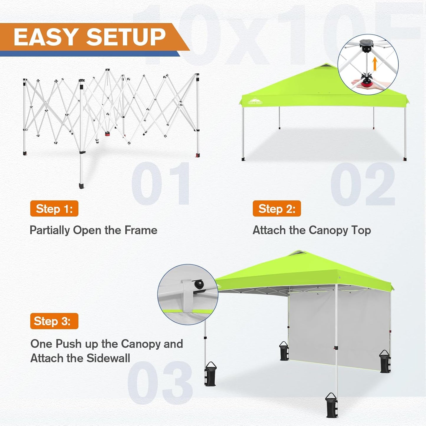 EAGLE PEAK Pop Up Canopy Tent with 1 Sidewall, Easy Setup Event Tent, Outdoor Sun Shade, Wheeled Carry Bag, Stakes and Guy Ropes, Instant Canopy 10x10, Neon Green