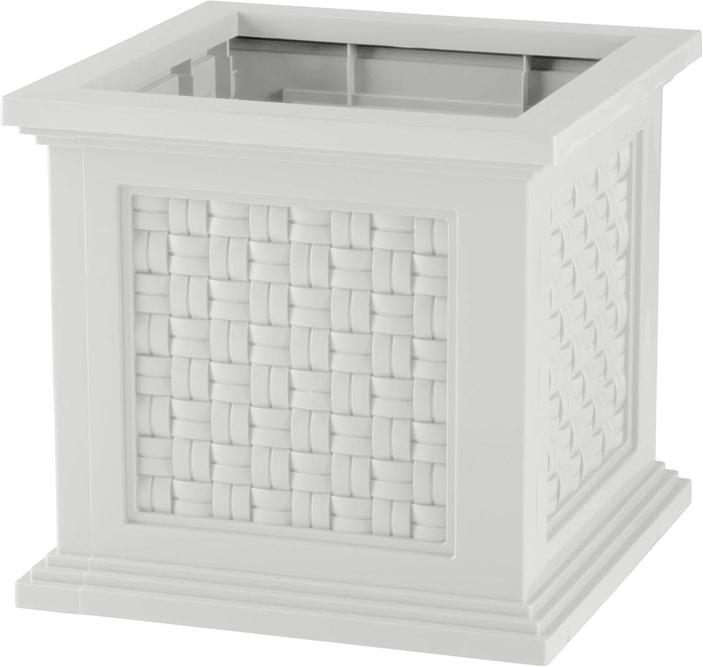 Pure Garden Rattan Style Outdoor Planter Box - 14.65-Inch-Square Decorative Flower or Plant Pot - Garden, Patio and Front Porch Decor (White)