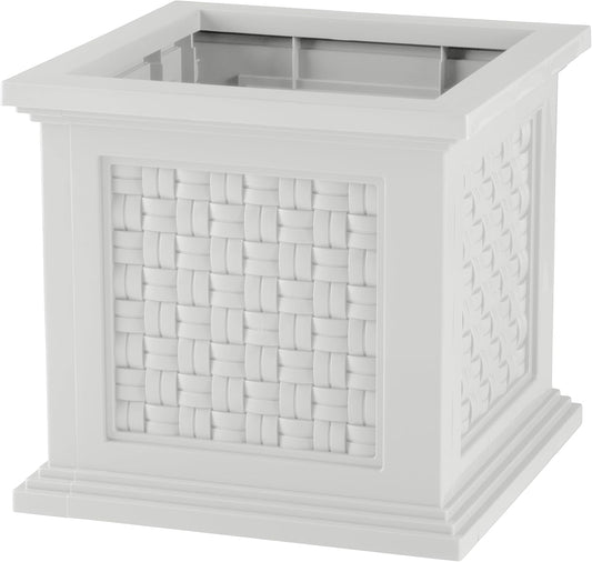 Pure Garden Rattan Style Outdoor Planter Box - 14.65-Inch-Square Decorative Flower or Plant Pot - Garden, Patio and Front Porch Decor (White)