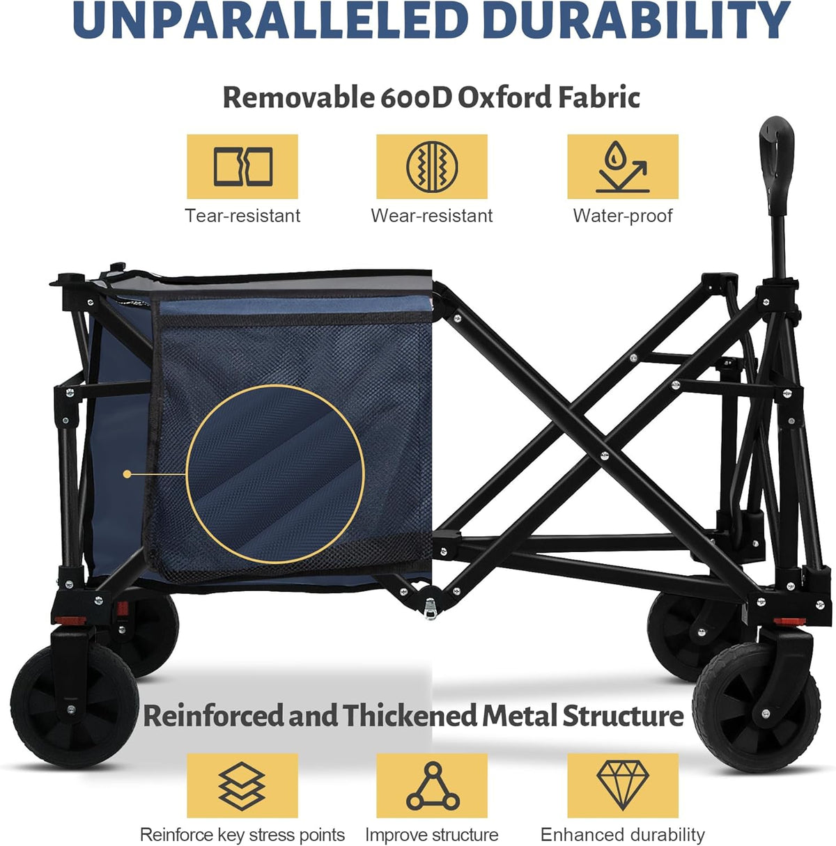 Collapsible Folding Wagon Cart, 220LBS Heavy Duty Foldable Utility Garden Cart with All Terrain Wheels & Side Storage Bag, Portable Sports Wagon for Camping, Shopping, Garden.(Blue)