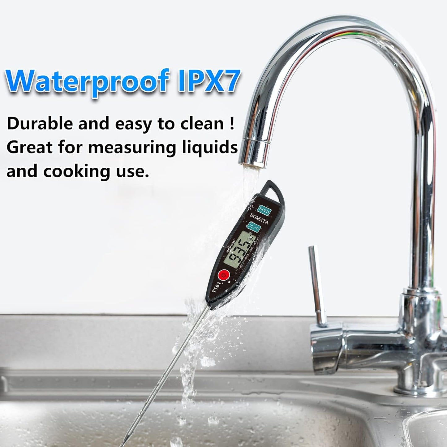 BOMATA 2 Pack Waterproof IPX7 Meat Thermometer Instant Read Food Thermometer with Long Probe for Water, Liquid, Kitchen Cooking, Grill,BBQ ! T101 X 2 Pcs (Black & Red)…