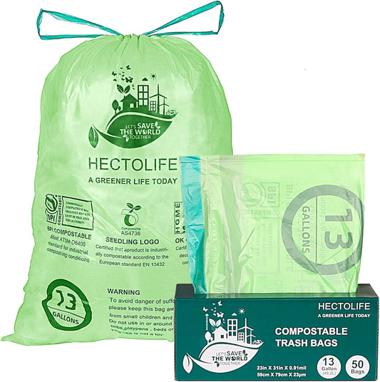 13 Gallon,50 Count, Compostable Trash Bags with Drawstring,Tear Resistant Kitchen Food Scrap Waste Bag, ASTM D6400, US BPI and Europe OK Compost Home Certified