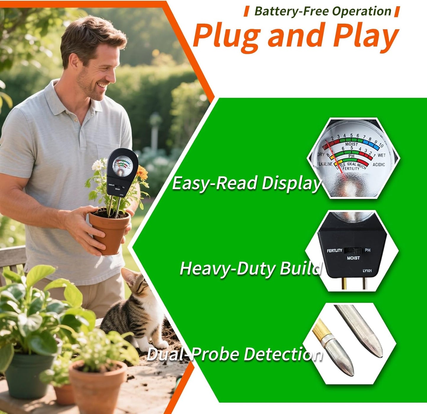 Soil Test Kit, ph Soil Tester for Garden Soil - 3-in-1 Digital Soil Moisture Meter, Soil pH Meter & Fertility Soil Tester for Indoor & Outdoor Garden, Farm, Patio, Lawn，Black