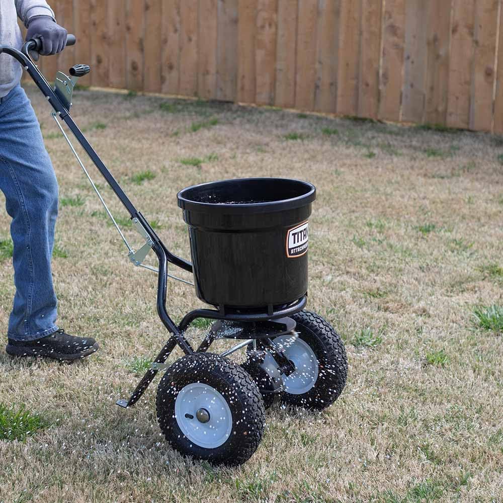 Titan Attachments 50 lb Professional Fertilizer Push Broadcast Spreader, Spreads 10 to 12 FT, Lawn Care and Ice Melter, Yard Tool