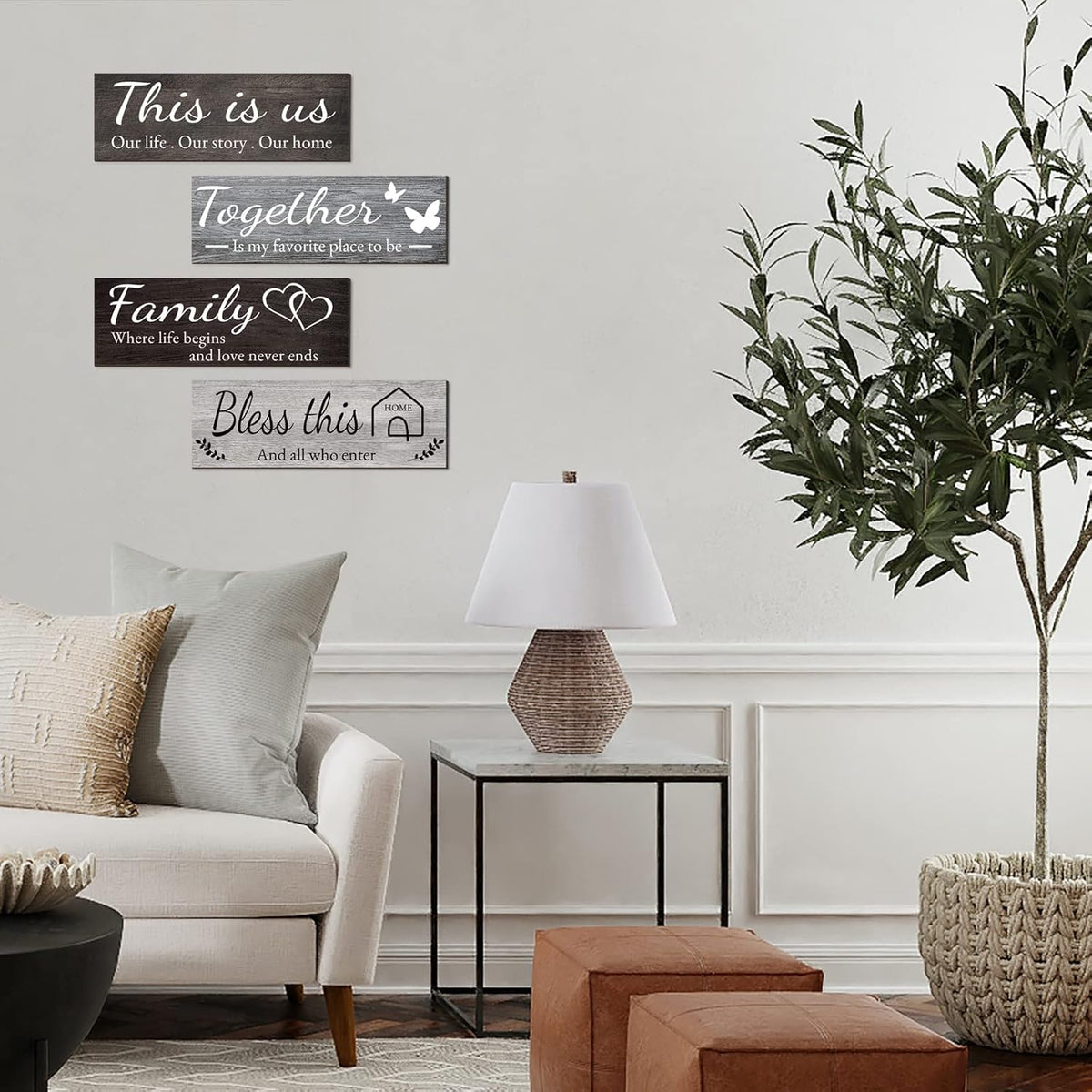 Joyhawk 4 Pieces Home Wall Decor Signs, THIS IS US/TOGETHER/BLESS THIS HOME/FAMILY Wall Decor For Living Room Bedroom, Rustic Wooden Farmhouse Wall Art Decor, 4.7 x 13.8 Inch(Mixed Color)