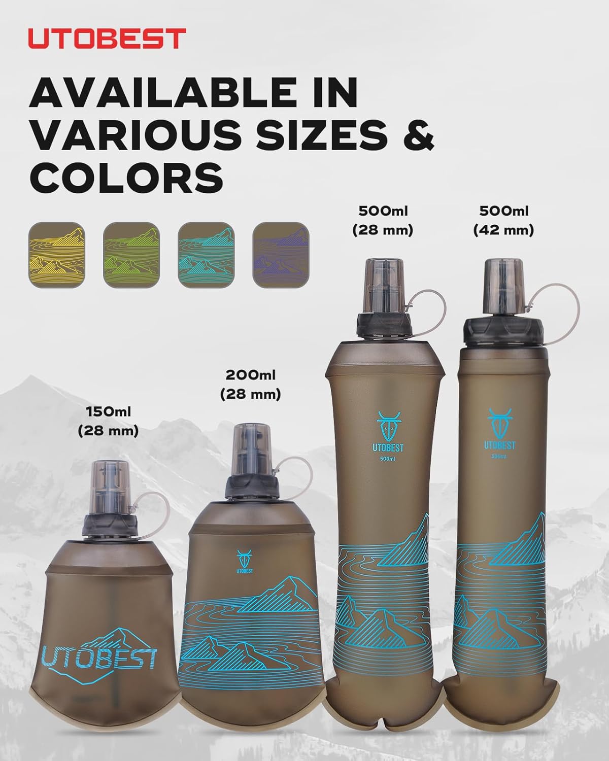 UTOBEST 500ml Soft Flask, 2 Pack Flexible TPU Hydration Water Bottle, Collapsible with 42mm Caliber for Running, Hiking, Cycling, Climbing, and Marathon Blue